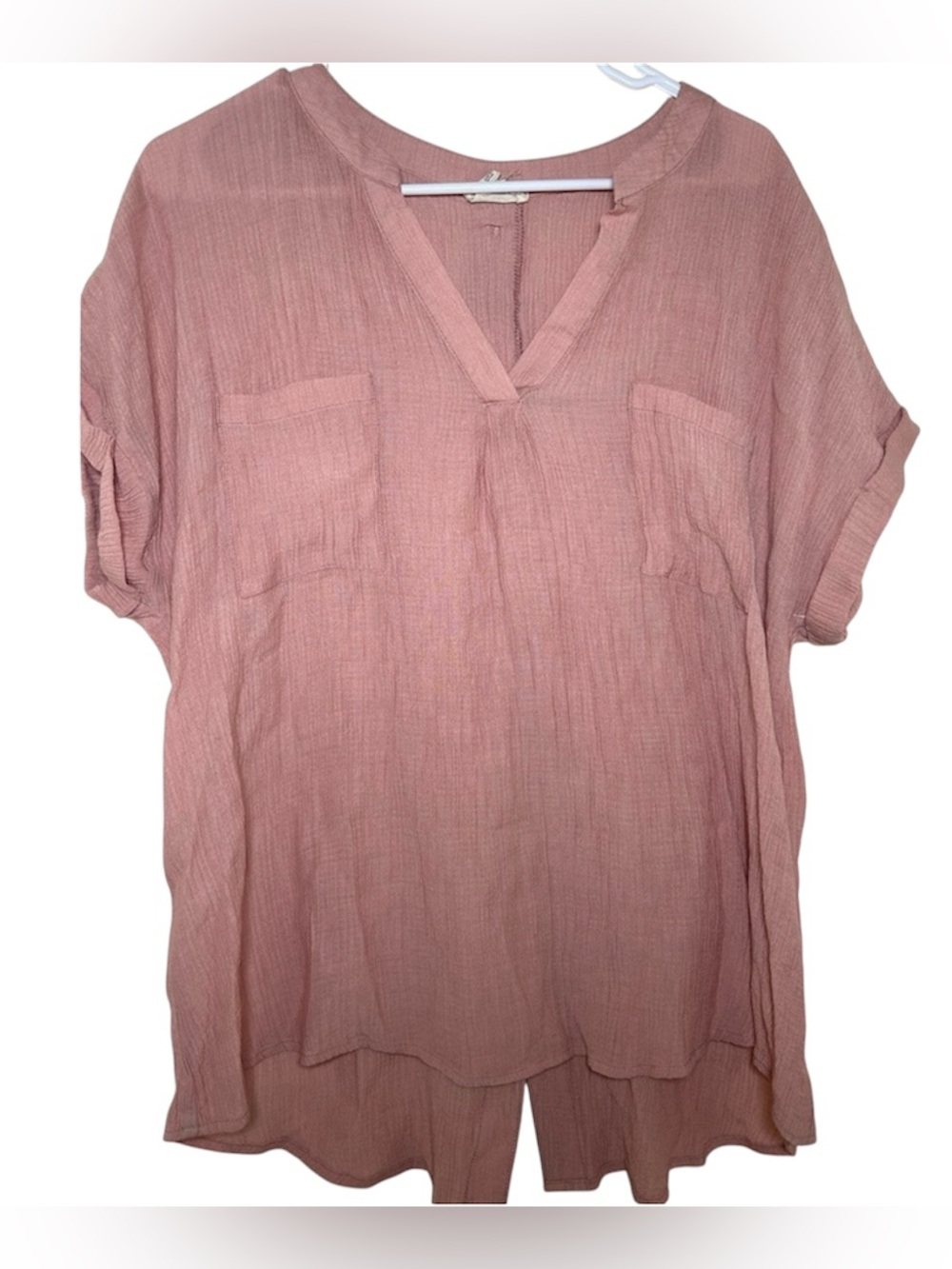 Perch Soft Pink Button Back Short Sleeve V Neck Front Pocket Womens XL  Good pre